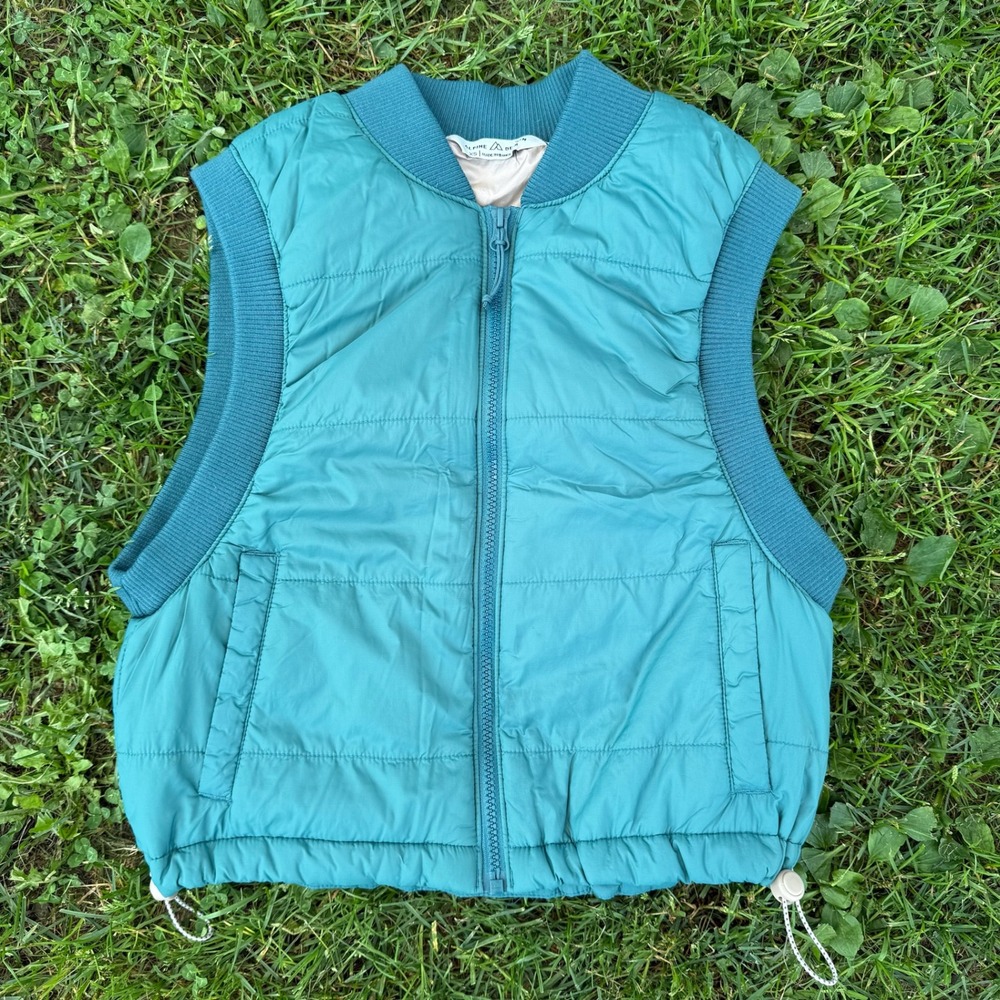 Alpine Design Puffer Vest XS Teal Blue Quilted Ribbed Trim Full Zip Gorpcore